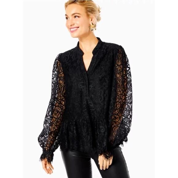 Lilly Pulitzer JACELYNNE Long Sleeve Carnival Lace Onyx Top in Black M NWT $168 - Picture 1 of 10